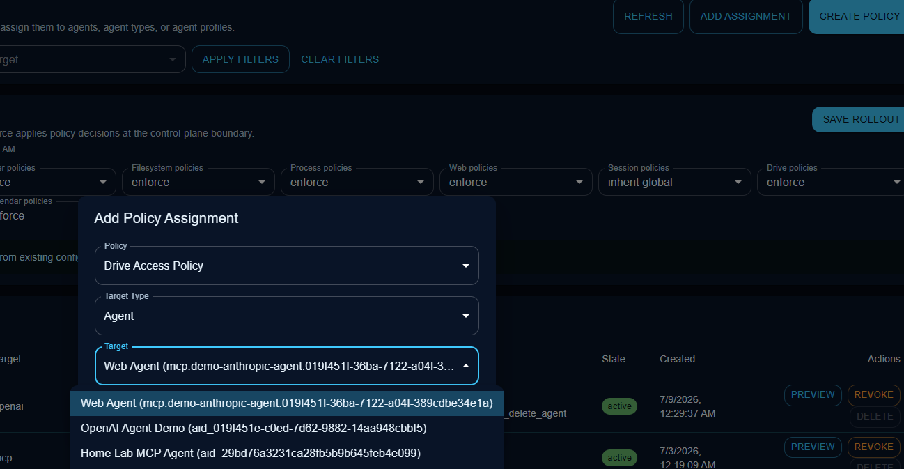 Policy assignment screen showing controls for attaching a policy to an agent target.
