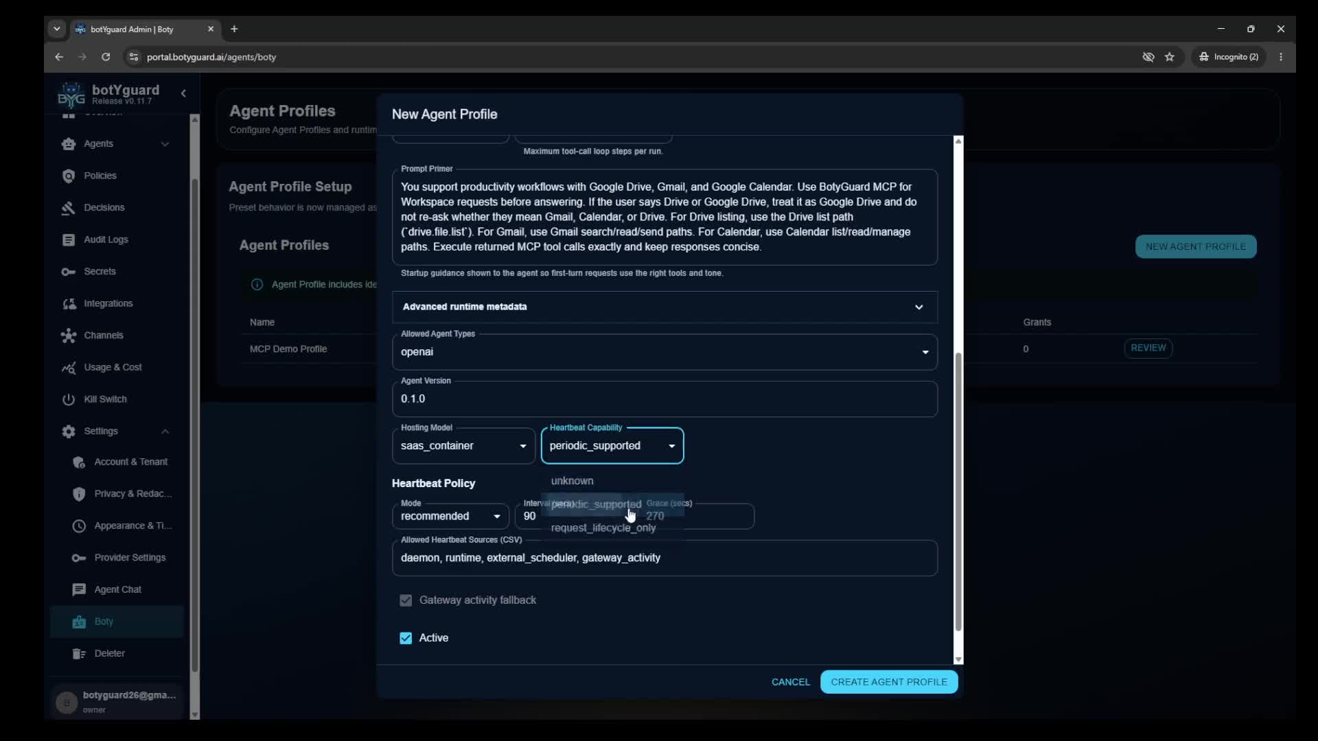 botY profile configuration screen showing profile type and setup fields.