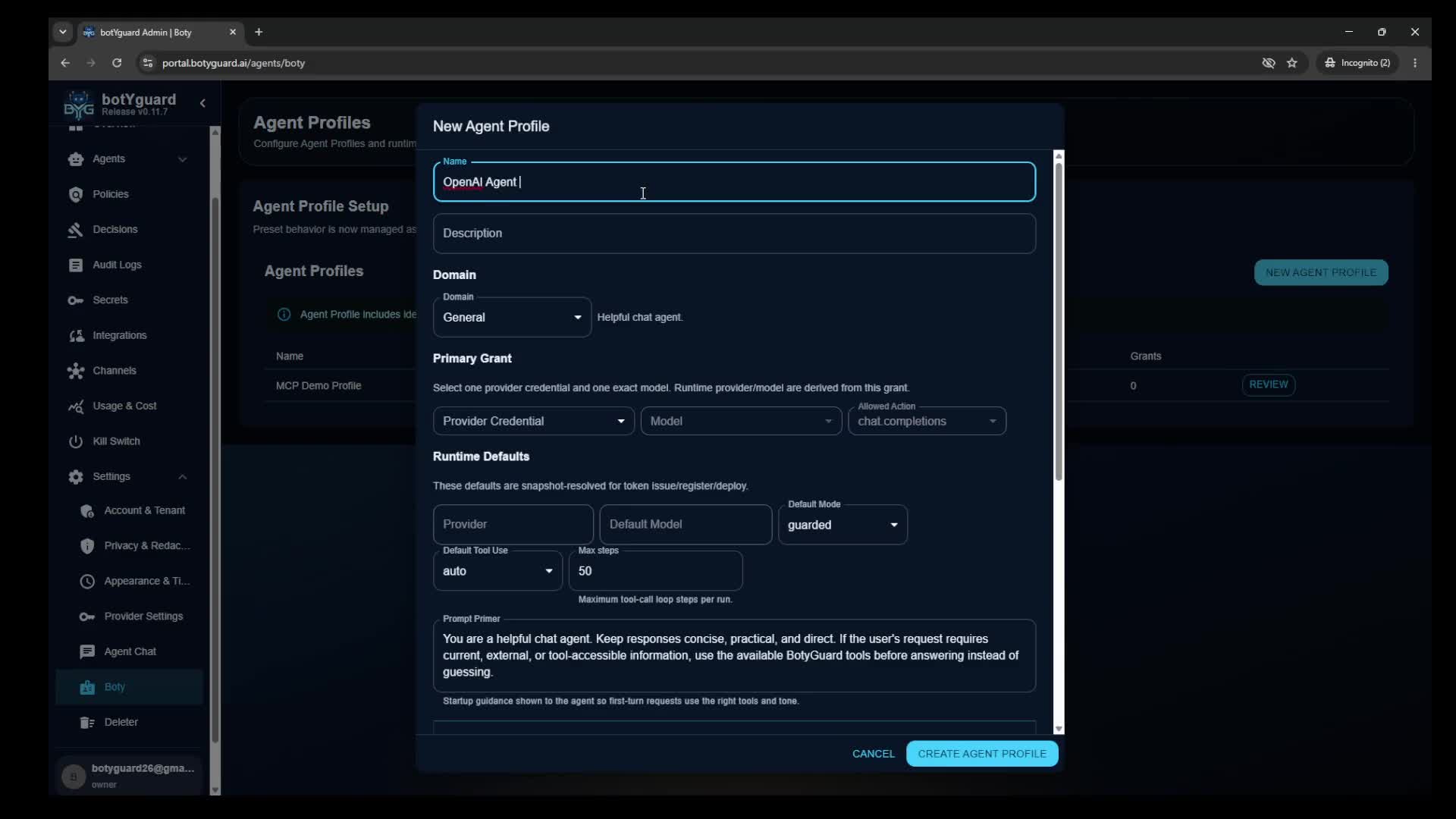 botY profile page showing the profile creation entry point.