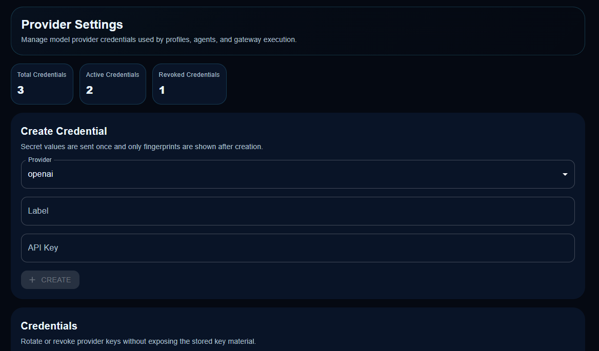 Provider Settings page with a create credential form and credential status cards.