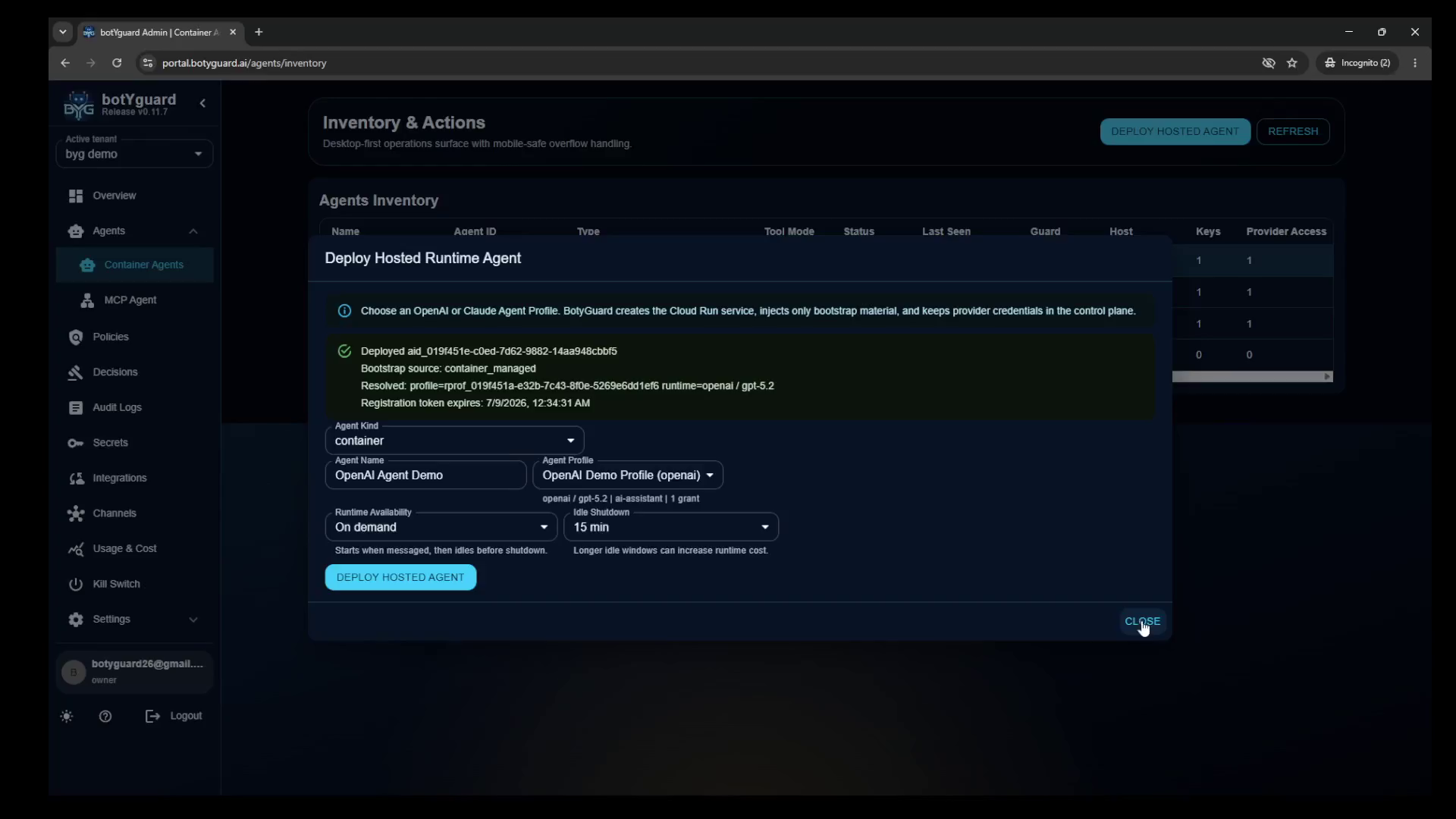 Deploy agent screen showing profile, provider credential, and agent configuration fields.