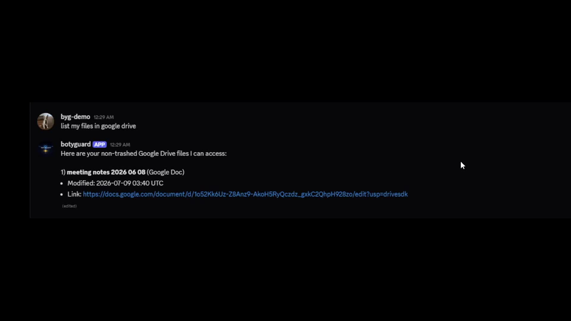 Discord success preview showing a governed agent listing allowed workspace items.