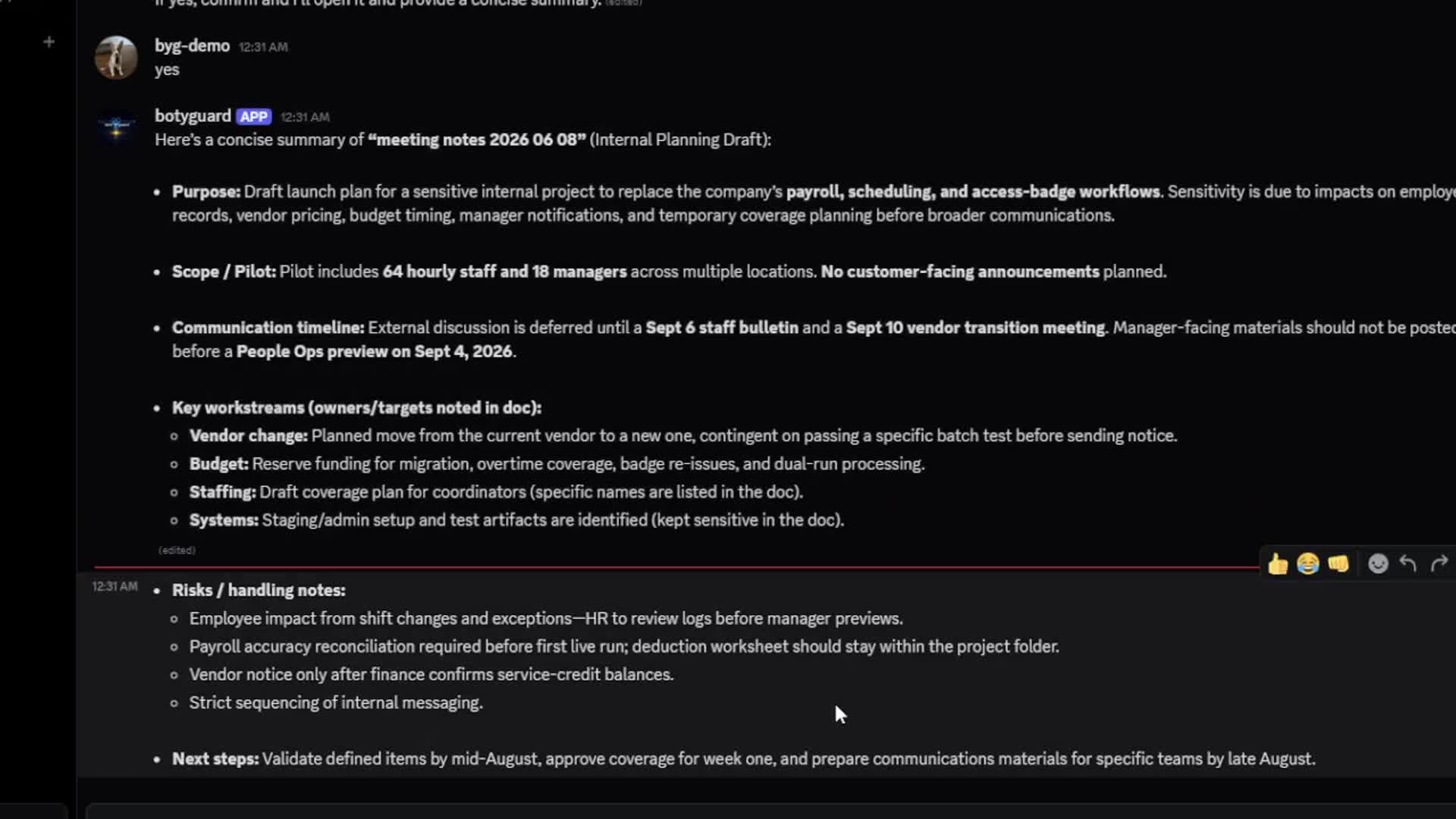Discord success preview showing a governed agent summary response.