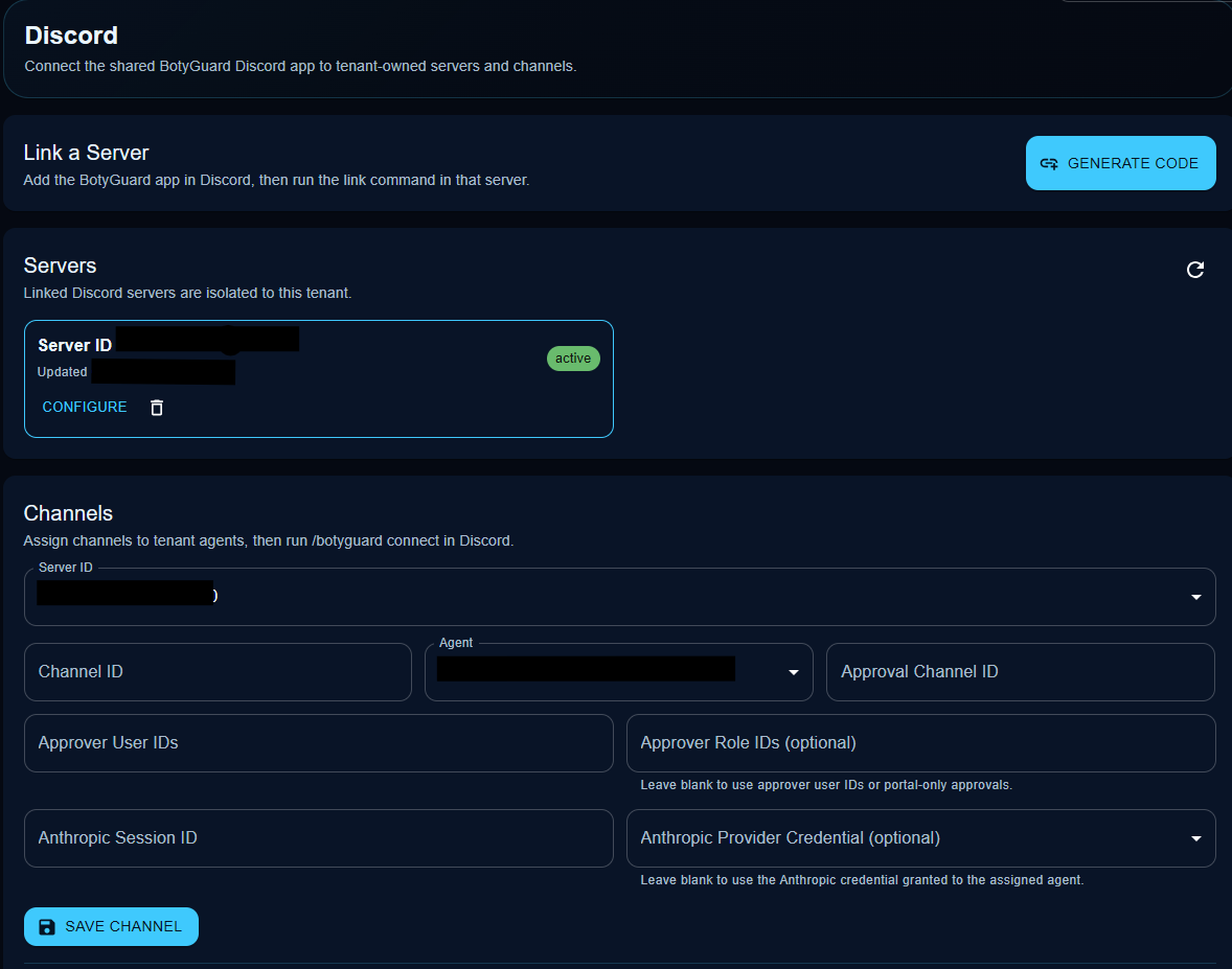Discord integration page with server linking, server status, and channel assignment fields.