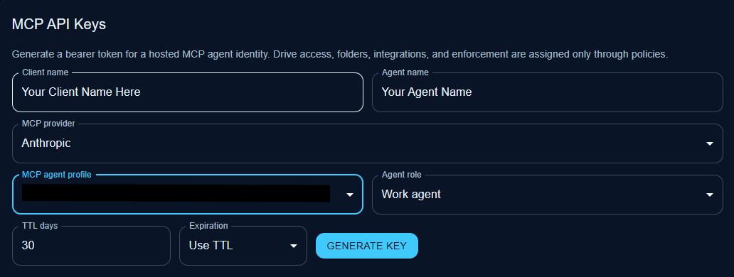 MCP API Keys form with client name, agent name, provider, profile, role, TTL, and expiration fields.