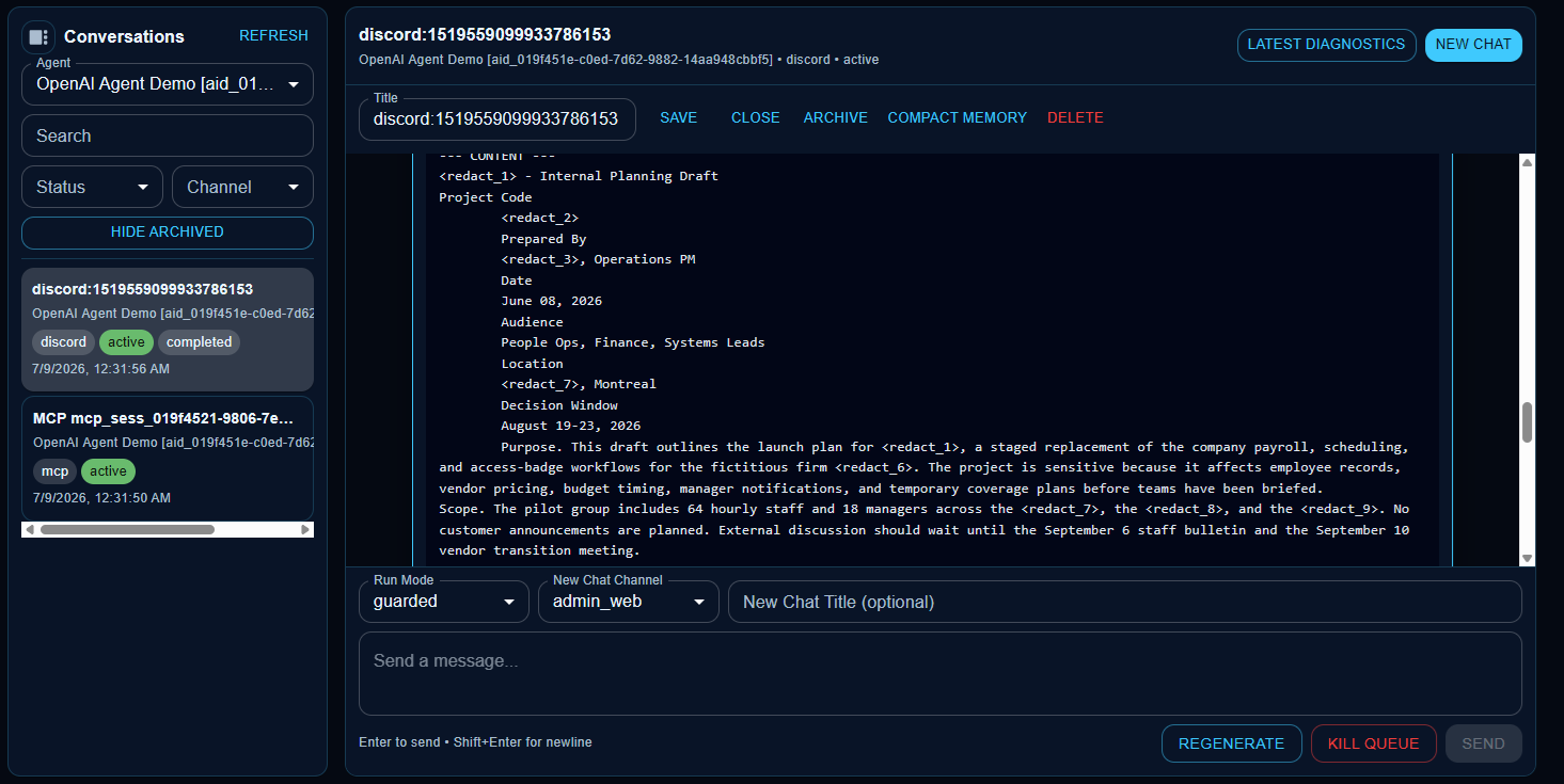 Agent view showing redacted placeholders instead of sensitive words.