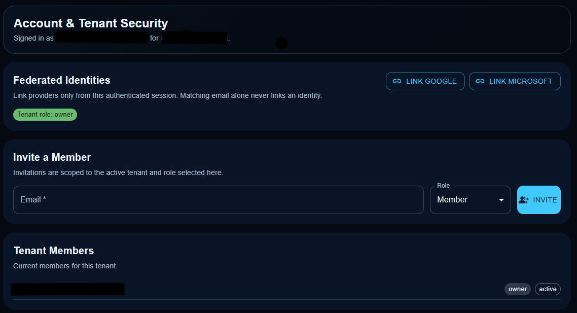 Account and tenant security page showing linked identities, invite member form, and tenant members.